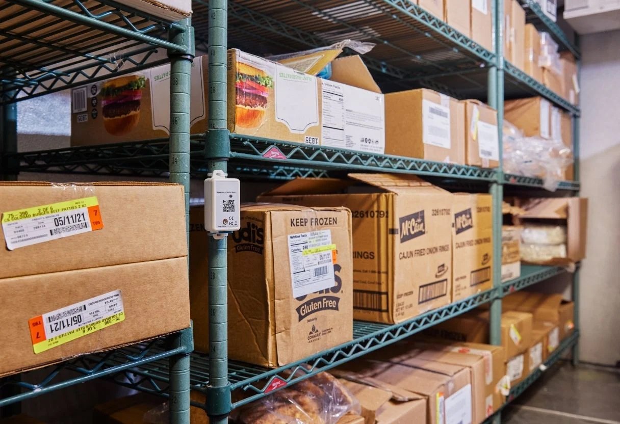 Walk-in cooler shelves with stored products