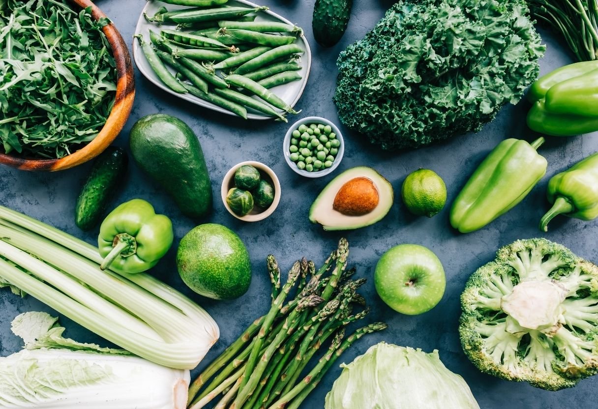 Variety of green vegetables and fruits