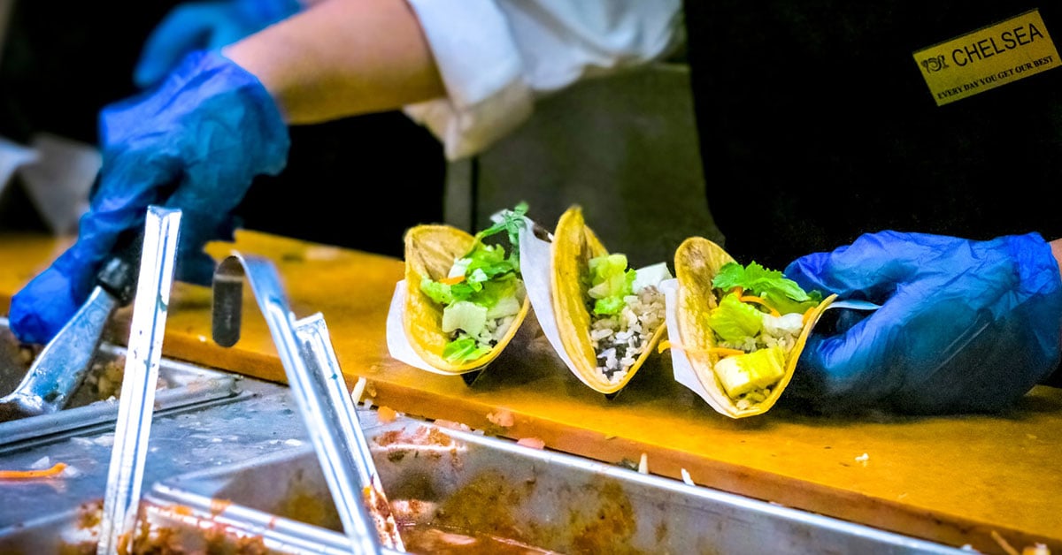 School lunches being prepped and served in cafeteria